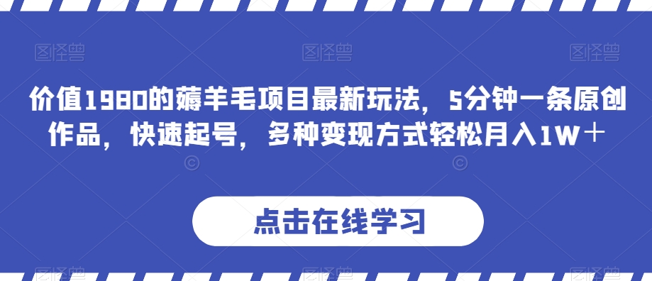 价值1980的薅羊毛项目最新玩法，5分钟一条原创作品，快速起号，多种变现方式轻松月入1W＋【揭秘】