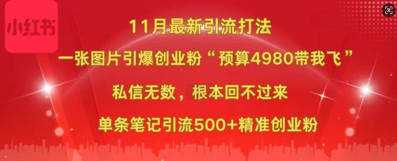 小红书11月最新图片打粉，一张图片引爆创业粉，“预算4980带我飞”，单条引流500+精准创业粉