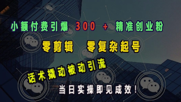 小额付费引爆 300 + 精准创业粉，零剪辑、零复杂起号，话术撬动被动引流，当日实操即见成效