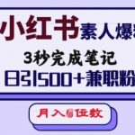 小红书素人爆粉，3秒完成笔记，日引500+兼职粉，月入5位数