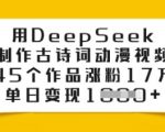 用DeepSeek制作古诗词动漫视频，45个作品涨粉17万，单日变现多张